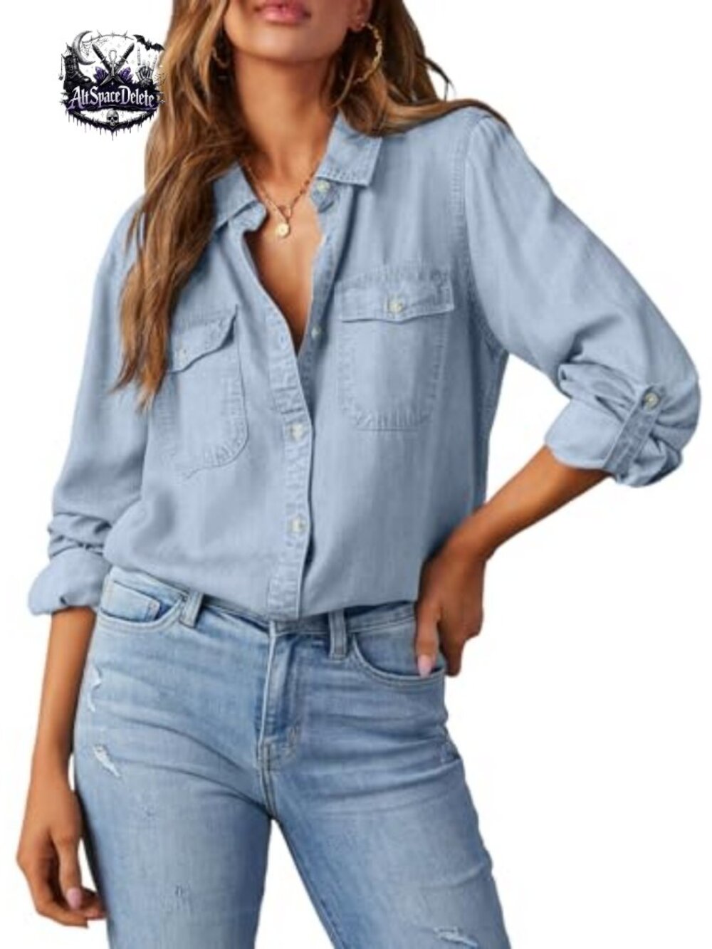 Denim Button Down Shirt Long Sleeve V-Neck Chambray Blouse Top